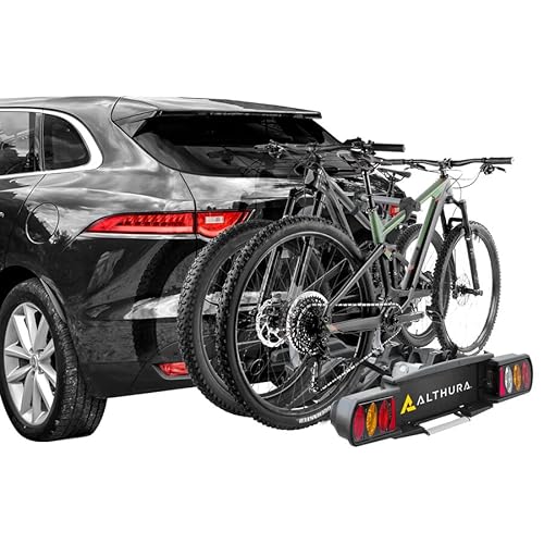Althura Portabici da Gancio Traino per 2 Bici (anche E-Bike) | Ripiegabile e Inclinabile | Carico 60kg, Doppio Antifurto, Fanali Omologati con Presa 13 Poli