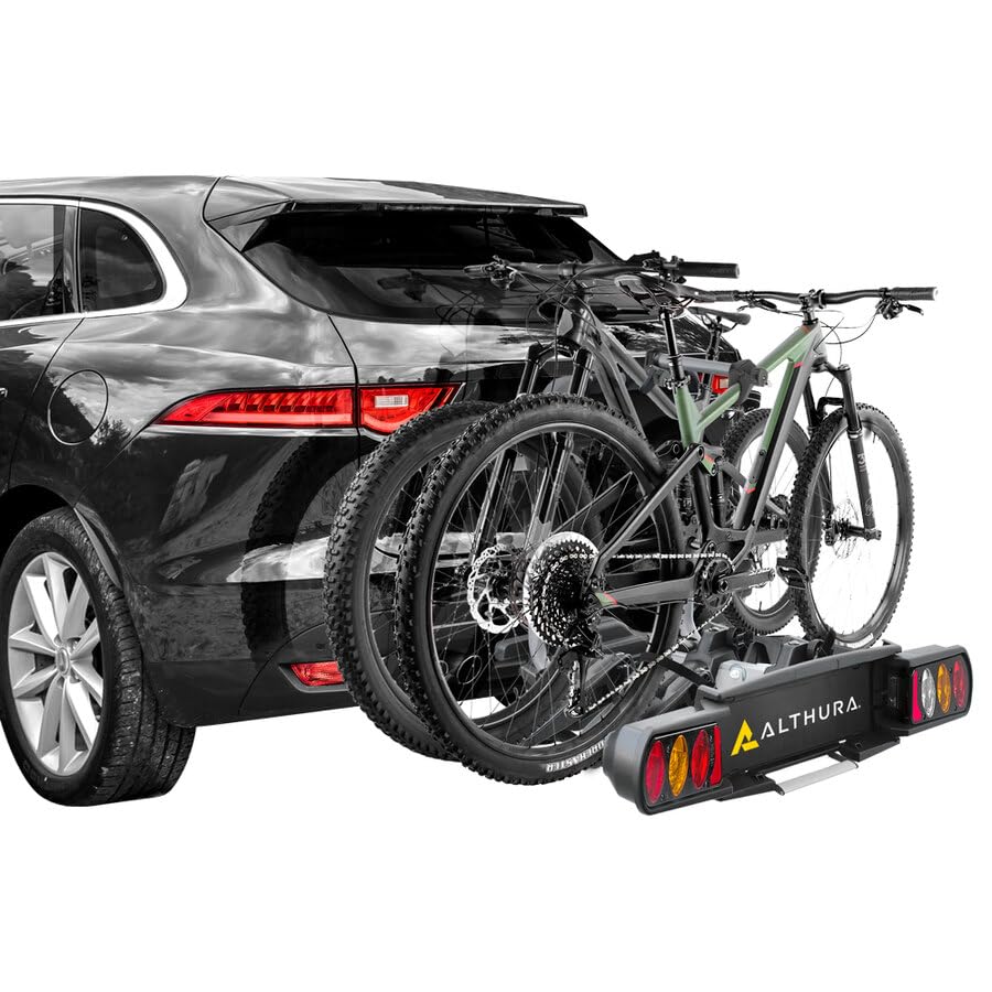 Althura Portabici da Gancio Traino per 2 Bici (anche E-Bike) | Ripiegabile e Inclinabile | Carico 60kg, Doppio Antifurto, Fanali Omologati con Presa 13 Poli
