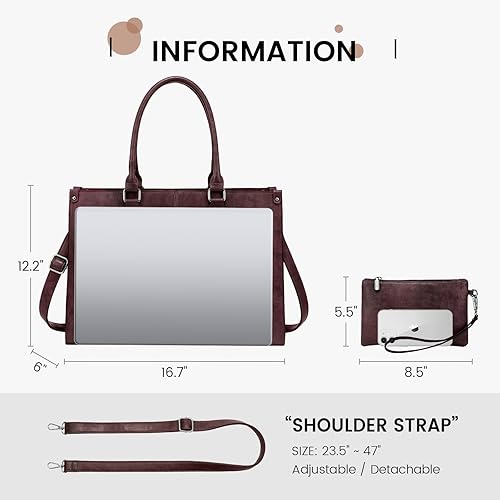 Miniatura 3 de LOVEVOOK Bolso de hombro para computador portátil de 15.6 pulgadas para mujer, bolso de cuero vintage de gran capacidad para trabajo, bolso de mano