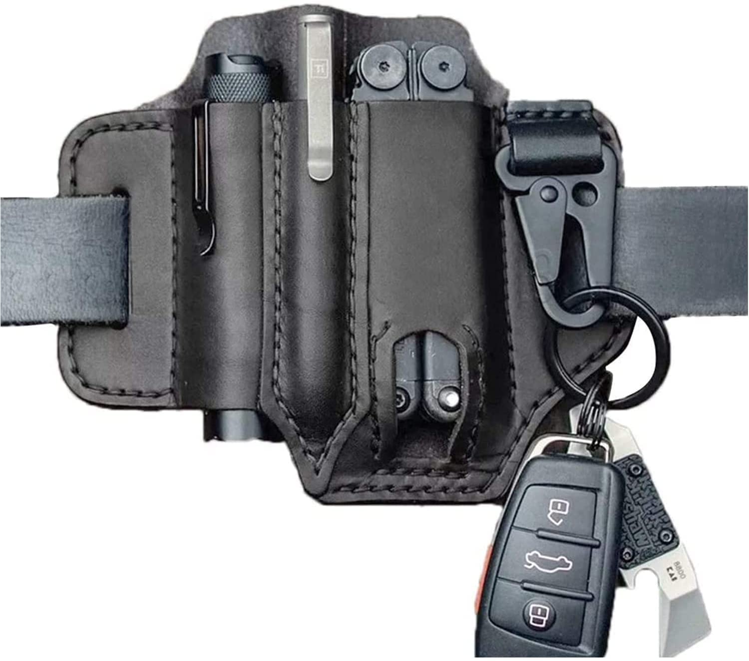 Leather Multi Tool Sheath Pocket Organizer,Multi-Function Tool Sheath for Belt, with Pen Holder, Key Chain, Flashlight Sheath.Everyday Carry (Dark Brown)