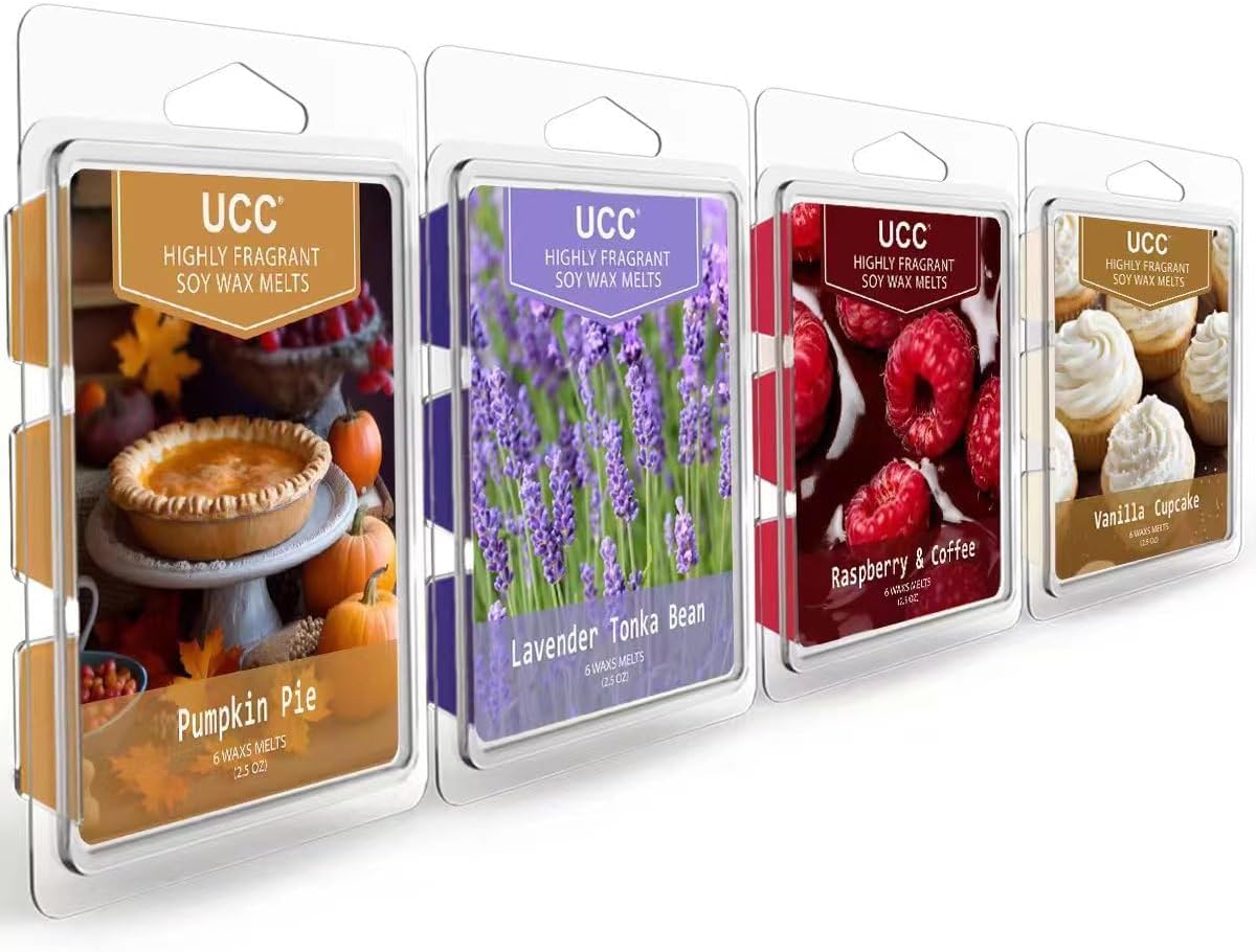 Plant Based Fall Wax Melts, Strong Fragrance, Long Lasting Premium Soy Scented Melts Cubes, Vanilla Cup, Lavendar Tonka Bean, Pumpkin Pie, Raspberry & Coffee - 4 Pack