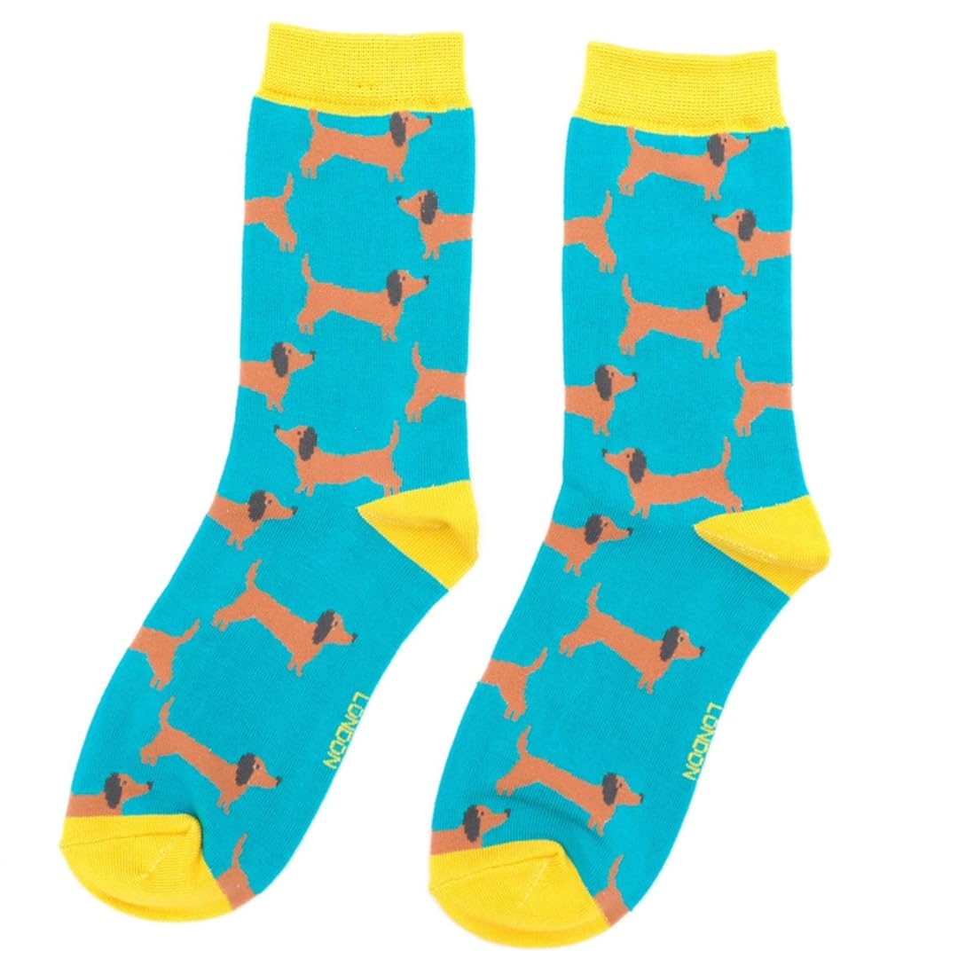 Miss Sparrow Women's Multicoloured Dachshund Sausage Dog Brown On Turquoise Socks