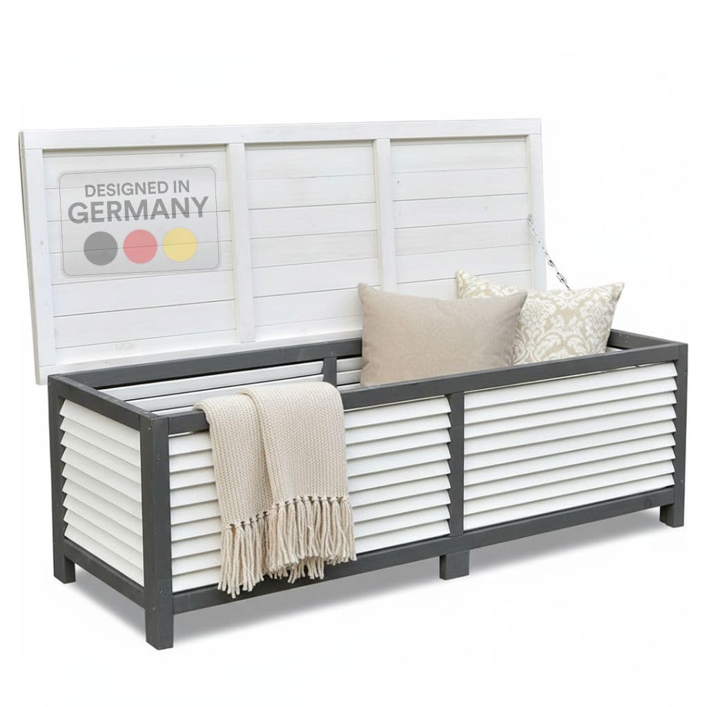 Cassapanca da Giardino Melko 46 x 140 x 52 cm Bianco/Grigio con Coperchio Pieghevole in Legno