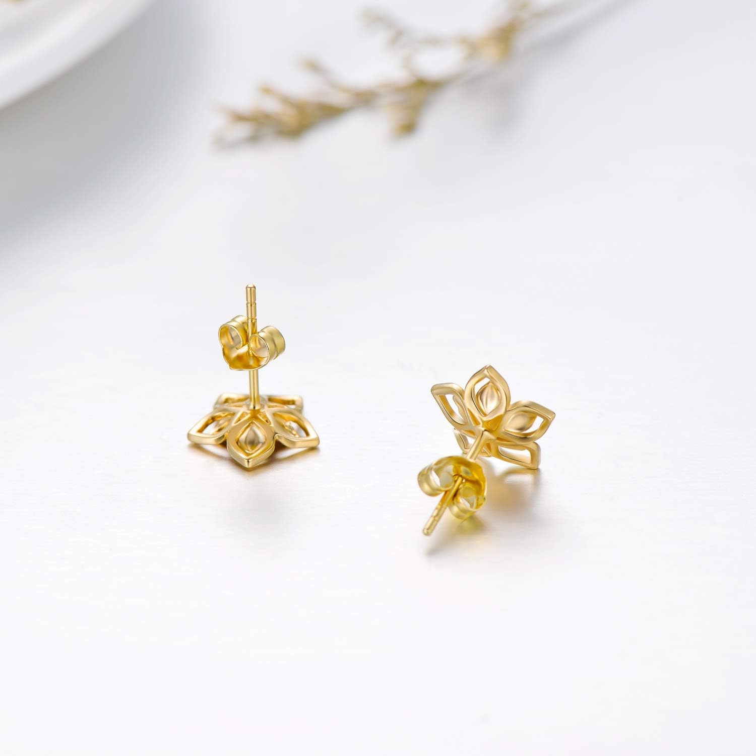 14K Solid Yellow Gold Flower Stud Earrings With Push Backs, Real Gold Elegant Jewelry Gift for Her