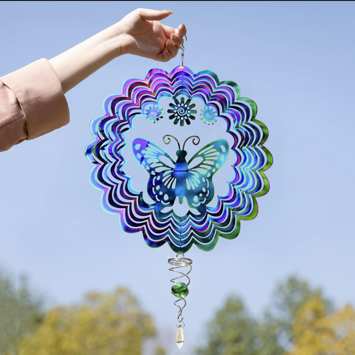 Butterfly 3D Stainless Steel Hanging Spinners Wind Spinner for Outdoor,with Crystal Ball Garden Décor Kinetic Yard Art 21.6 Inches Wind Sculpture (Butterfly)