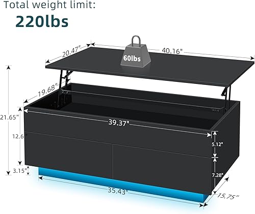 Miniatura 2 de HOMMPA Mesa de centro elevable, mesas de centro negras para sala de estar con almacenamiento oculto y 2 cajones, mesa de café LED de alto brillo,
