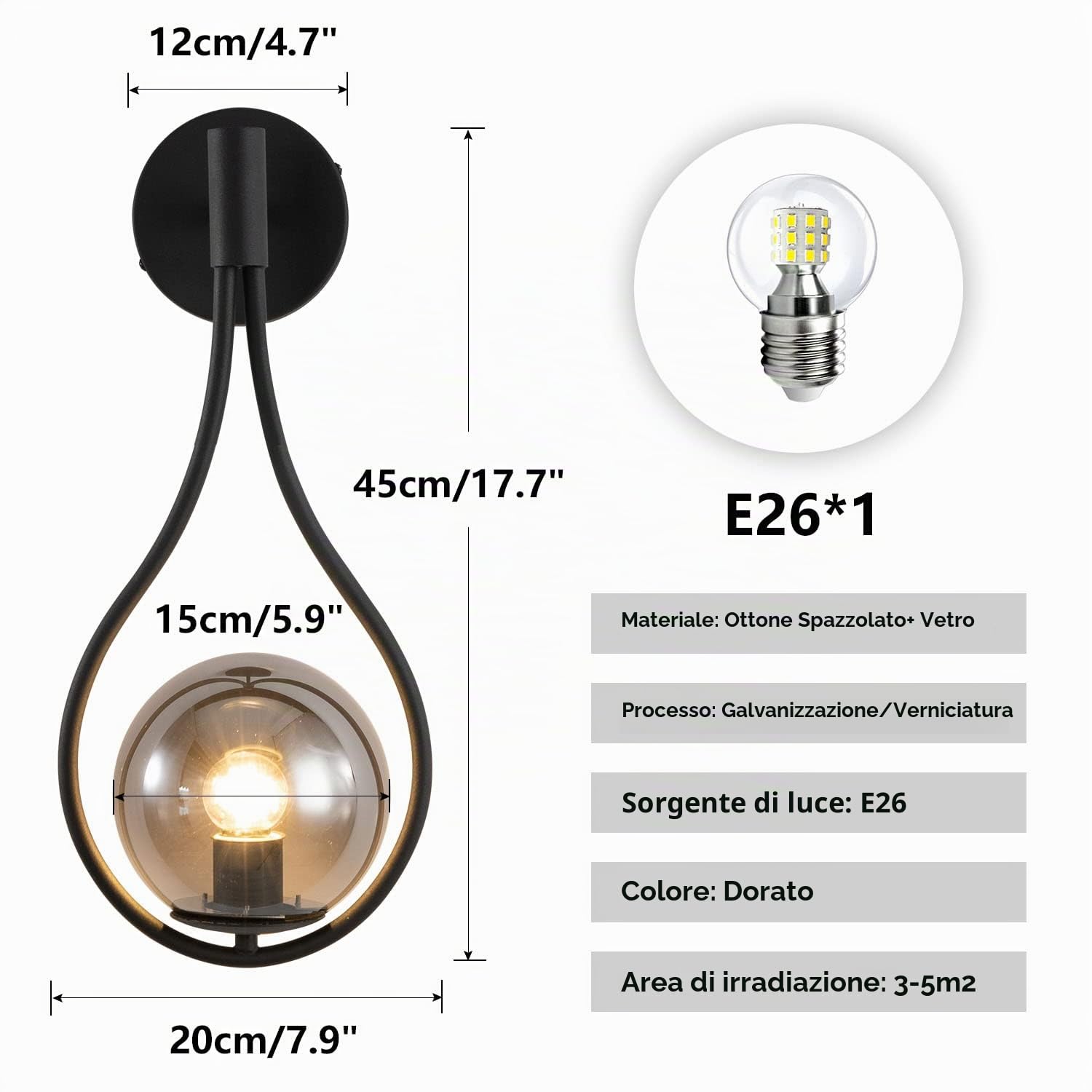 KCO Lighting Lampada da Parete Moderna a Globo di Metà Secolo Con Paralume Grigio Fumo, Wireless, Nero e Grigio Fumo per Soggiorno, Camera da Letto, Corridoio