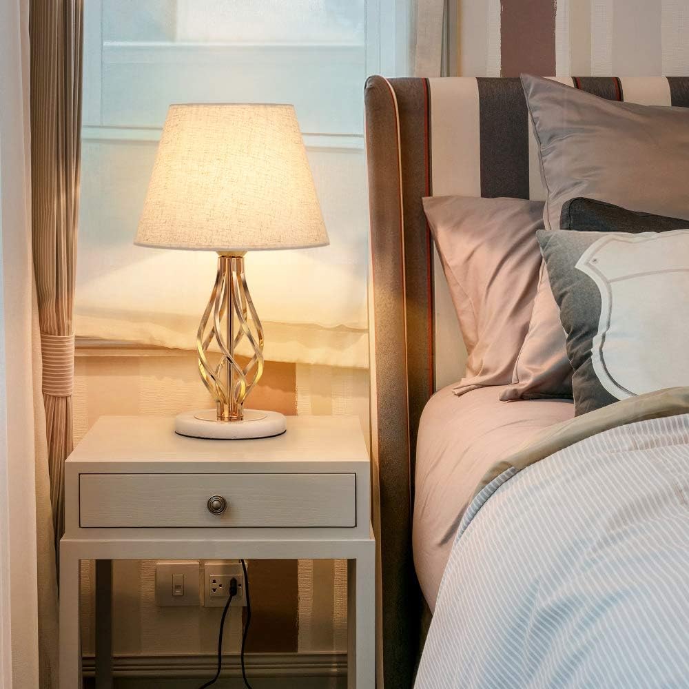 Exclusive Bedside Lamps Set of 2,Elegant Table Lamps with Marble Base,Gold Vintage Nightstand Lamps with Fabric Shade,Decorative Modern Desk Reading Lamp for Bedroom,Living Room,Ideal Gifts for Friends