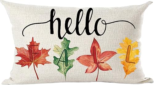 Ramirar Ink Painting Watercolor Yellow Orange Maple Leaves Hello Fall Y'all Decorative Lumbar Throw Pillow Cover Case Home Living Room Bed Sofa Car