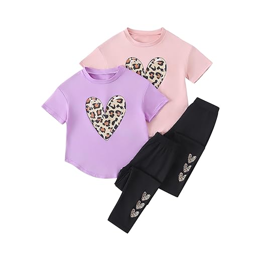 Girls Outfits Fashion Short Sleeve Shirts Tops and Pants Fashion Heart Leopard Print Sets Cute Summer Clothes 4 Piece