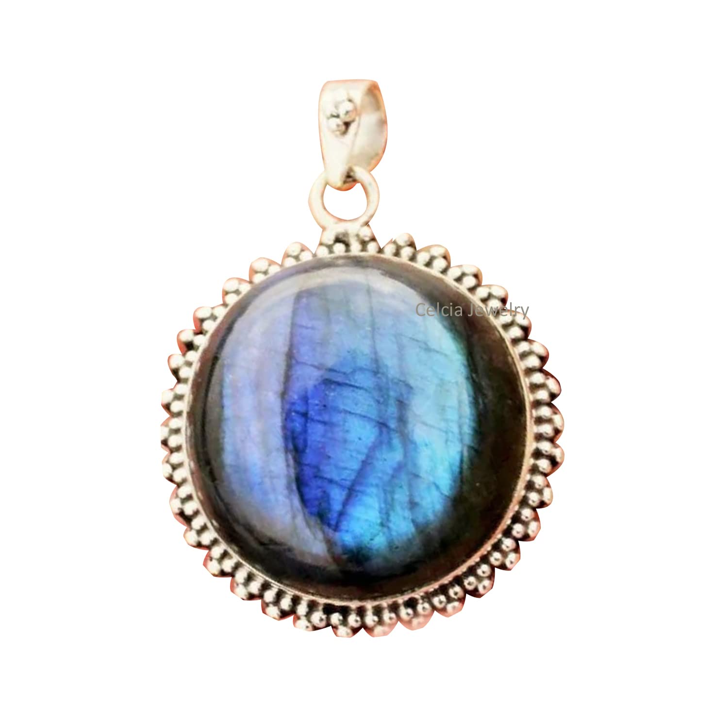 Massiver 925er Sterlingsilber-Anhänger für Damen und Herren, natürlicher Labradorit-Cabochon, runder Edelstein, erstaunlicher handgefertigter Schmuck für Sie und Ihn