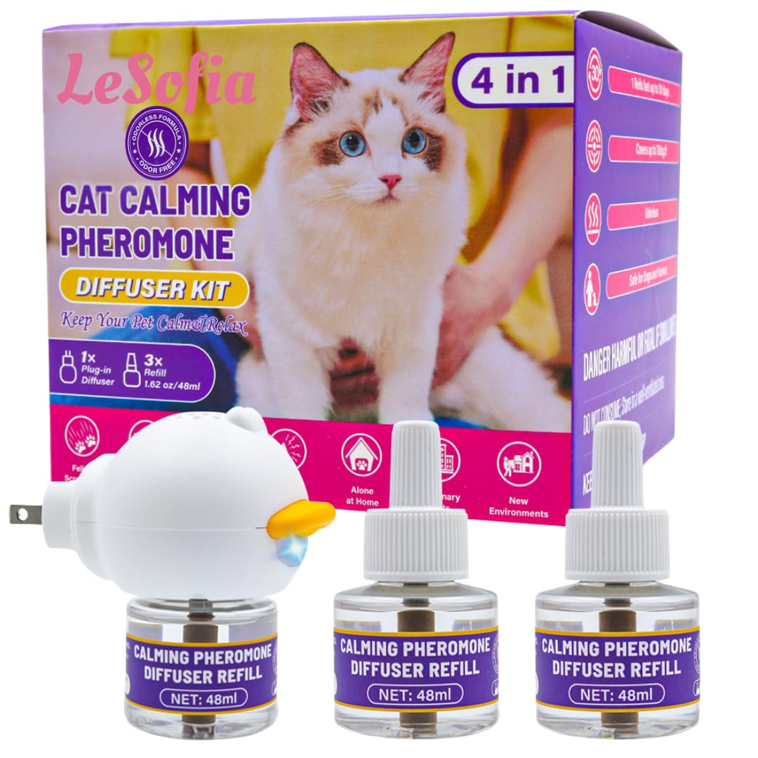 Cat Pheromones Calming Diffuser, 90-Day Cat Calming Diffuser - 1 Diffuser & 3 Refills Top Advantageous Kit Cat Calming Diffuser – Helps Reduce Scratching,Peeing,Hiding Urine,Marking Aggression