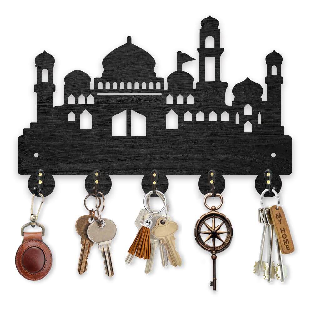 MAYJOYDIY Wood Castle Architectural Pattern Key Hook Wall Mounted 30×20cm City Attractions Coat Hanger with 5 Alloy Hooks Black Art Key Rack Organizer for Bedroom Kitchen Entryway Office