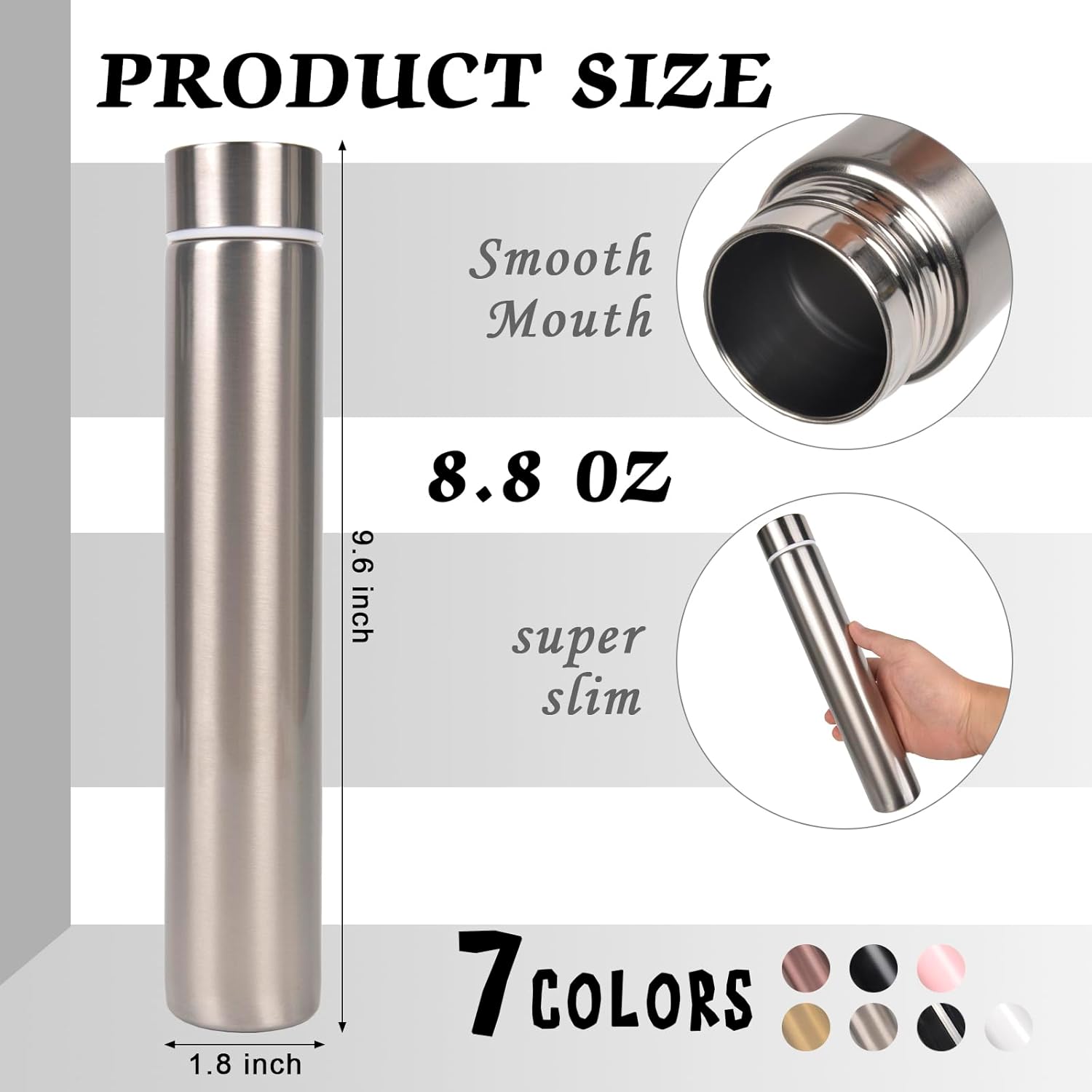 ChezMax Slim Thin Stainless Steel Vacuum Insulated Water Bottle Leak Proof Eco-Friendly Travel Cup Sports Drink Bottle 8.8OZ Silvery - Image 3