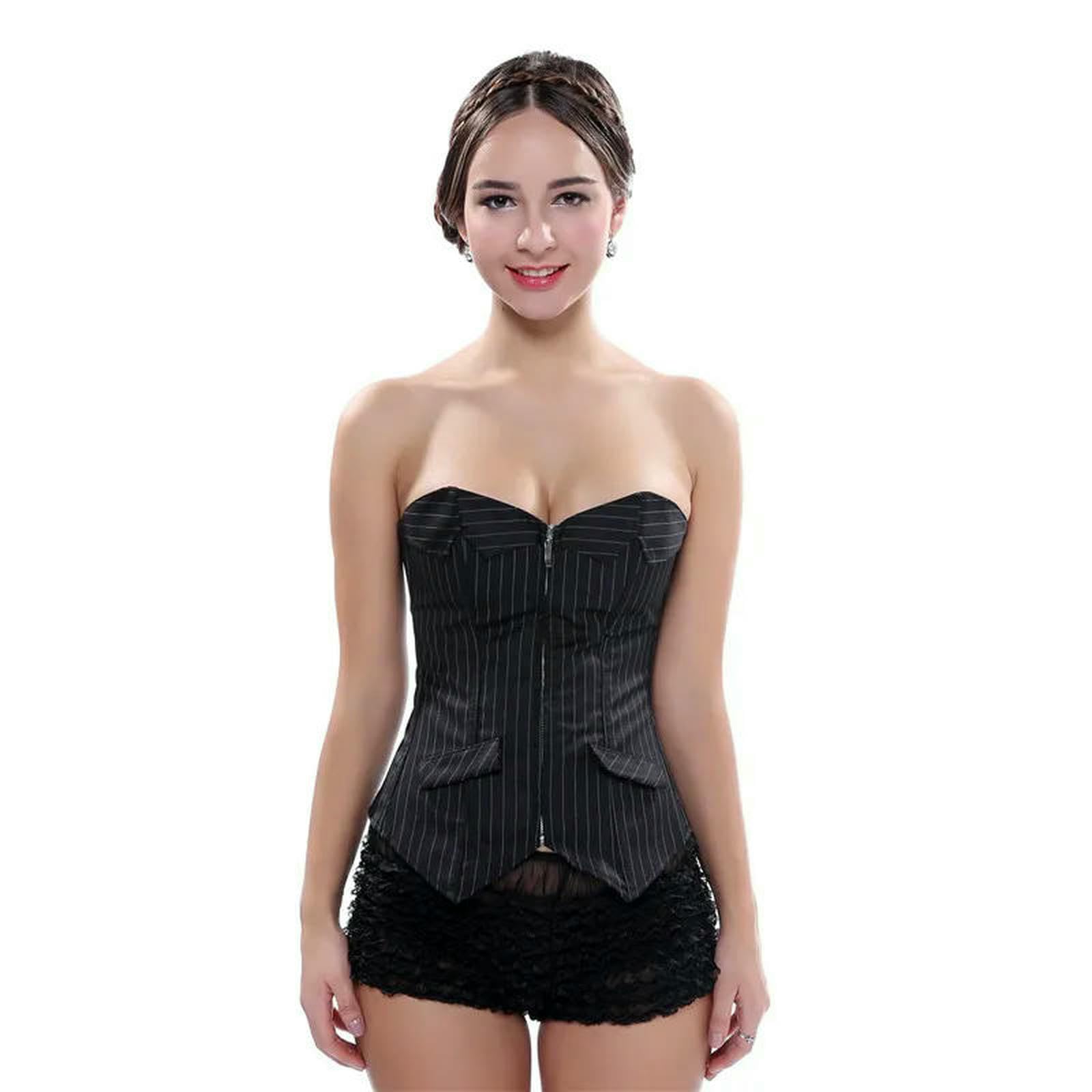 Ceinture amincissante Femme Costume da Donna Sexy con Corsetto Overbust A Righe Nere Ufficio, Zip, Bustier, Senza Spalline-5802-nero-7xl