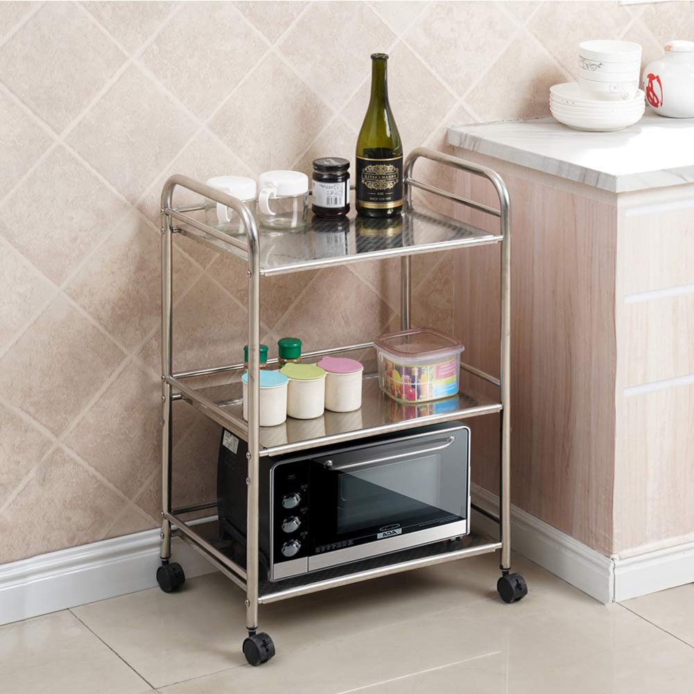 CLIPOP Carro de almacenamiento de cocina de 3 niveles, de acero inoxidable, carrito de servicio rodante con rueda de bloqueo para cocina, hoteles, restaurantes y hogares de cuidado (35 x 50 x 75 cm)