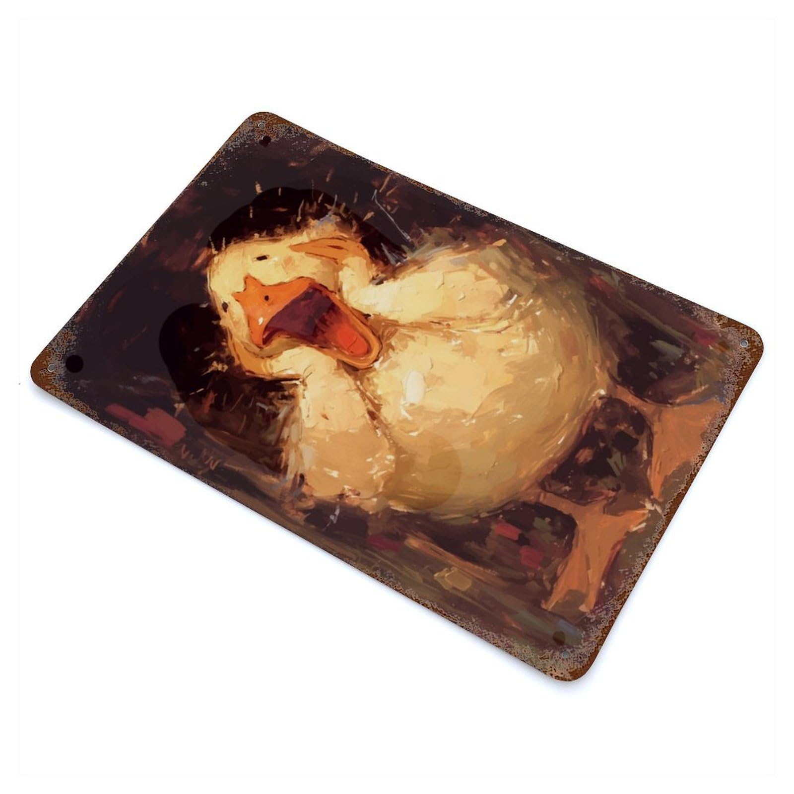 Distressed Metal Wall Sign Surprised Duckling Painting 11.8"x7.9", Vintage Wall Decor for Garage, Bar And Workshop Decor