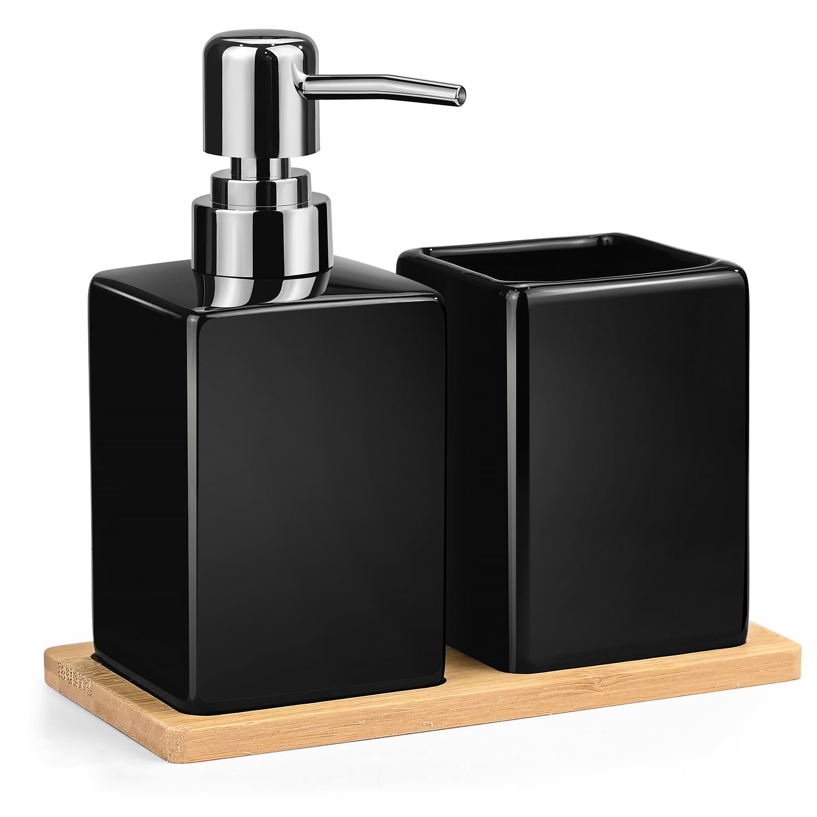 Bathroom Accessories Set - 3Pcs Ceramic Bath Accessory Set with Soap Dispenser + Toothbrush Holder + Bamboo Tray Contemporary Countertop Bathroom Set for Bathroom, Washbasin, Sink, Bathtub, Black