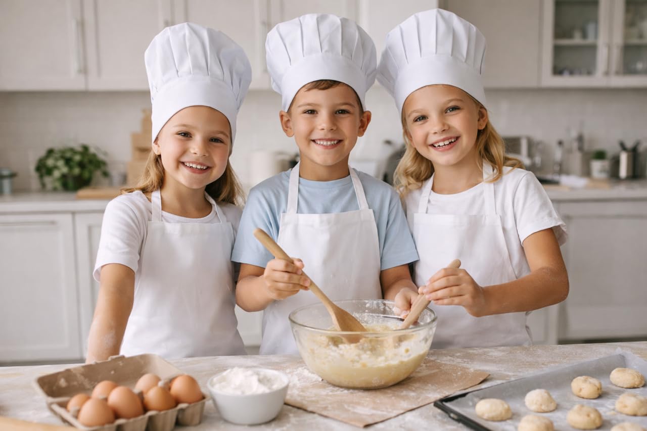 Lote 25 Delantales + Gorros de Cocina Infantiles para Niños Blancos - Delantales Niños Juveniles