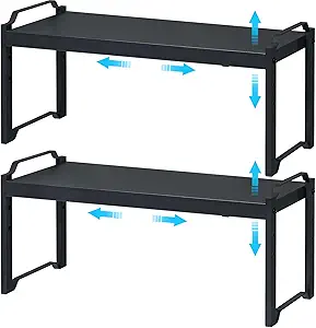 25.5 Inches 2 Pack Expandable Cabinet Shelves, Stackable Shelf Organizer for Kitchen Cabinet Coun...
