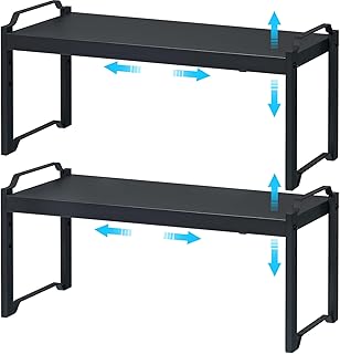 25.5 Inches 2 Pack Expandable Cabinet Shelves, Stackable Shelf Organizer For Kitchen Cabinet Countertop Storage, Adjustable Counter Cupboard Pantry Organizer Shelf Rack Stand Riser, Black