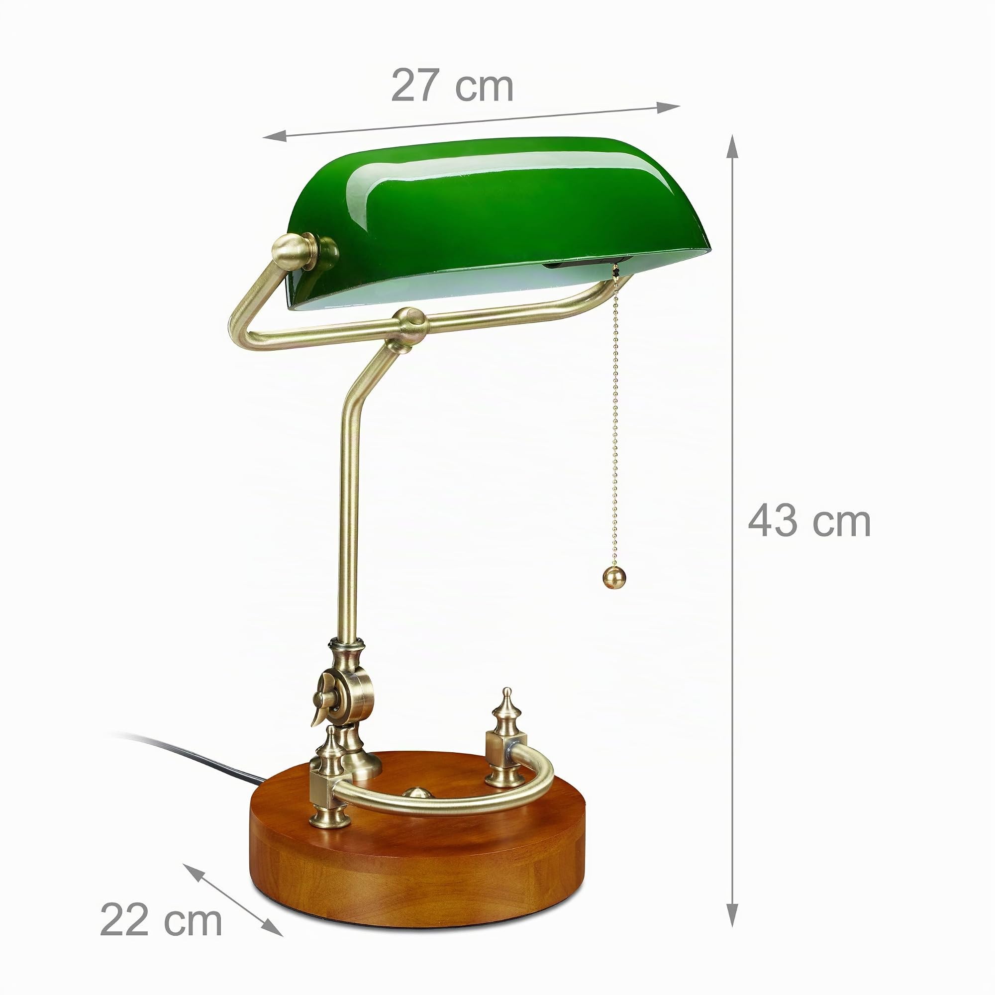 Relaxdays Lámpara Banquero Retro, Interruptor Cadena, Tulipa Inclinable, Base Madera, Luz Escritorio Oficina, E27, Verde