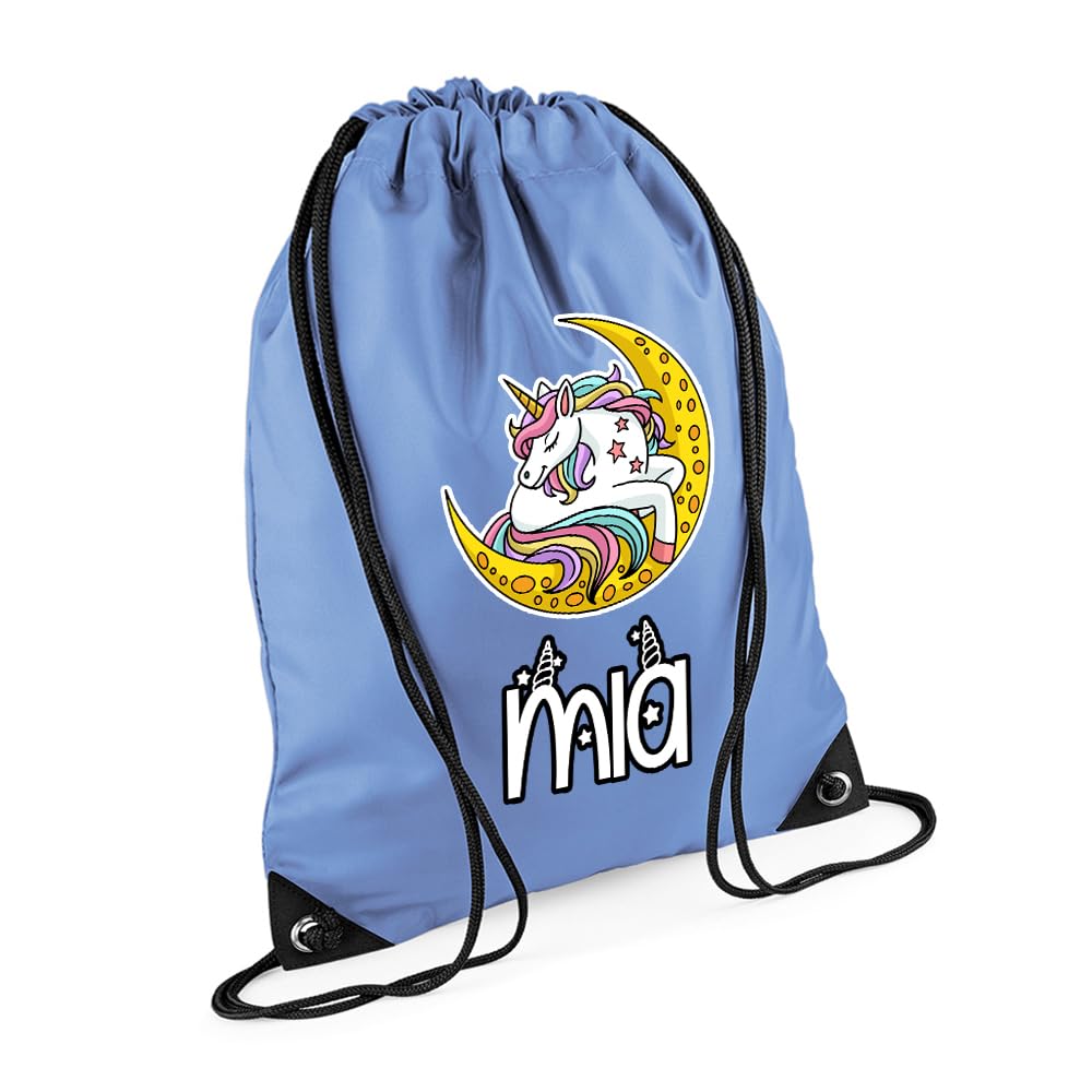 Unicorn Bag Gift For Girl, Personalised Backpack, Back To School Gift, Drawstring Bag, PE Gym Kit, Swimming, Sport Rucksack. (Laser Blue)