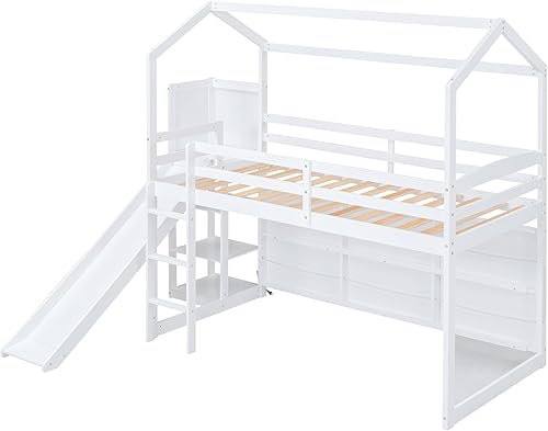 Miniatura 6 de Harper & Bright Designs Twin Size House Loft Bed with Slide and Light, Wooden Loft Bed with Storage Shelves and Guardrail, for Teens Boys Girls