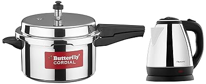 Butterfly EKN 1.5-Litre Electric Kettle (Silver with Black) & Cordial Non Induction Base Aluminium Pressure Cooker with Outer Lid, 5 Litres, Silver