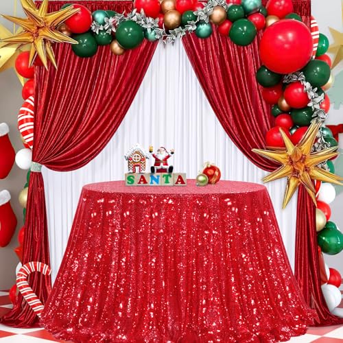 Image of B-COOL Red Sequin Tablecloth Round Table Decor - 120 Inch Sequence Fabric Decoration for Grilling Themed Party Buffet Baby Shower Christmas