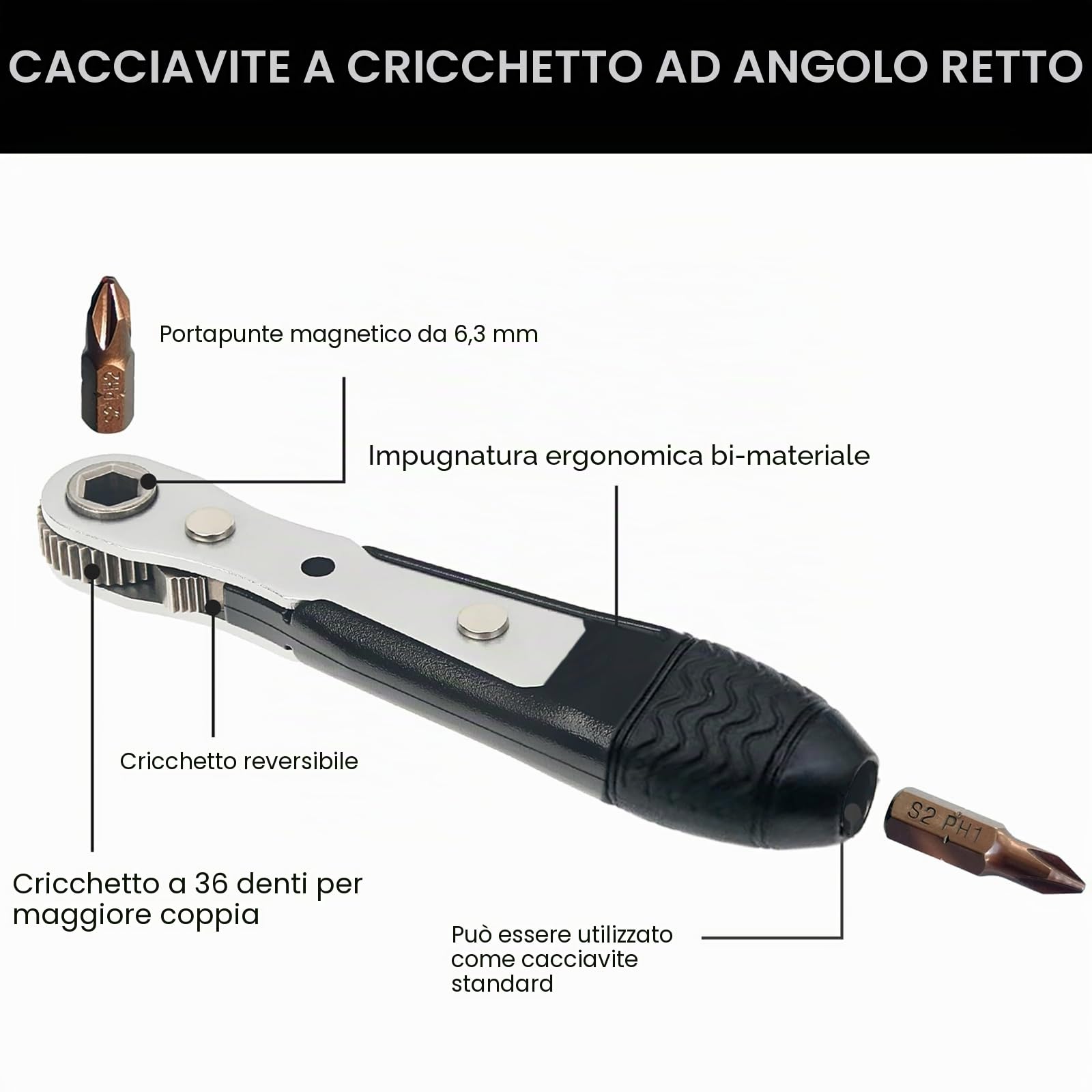 Chiave a cricchetto magnetica, mini cacciavite a cricchetto con Phillips, a taglio, Torx, esagonale, quadrato, Pozidriv per auto, biciclette, casa, fai da te(36-denti)
