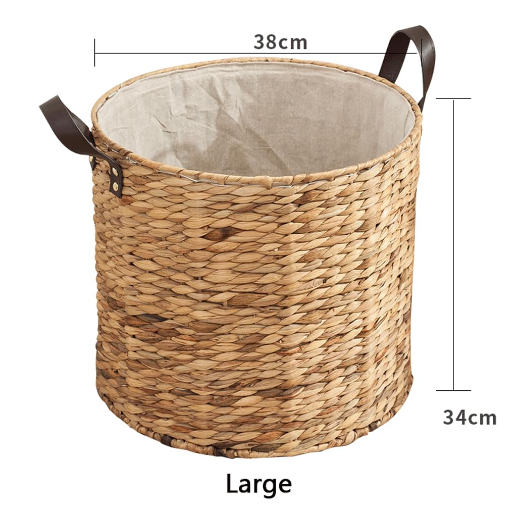 Cesto portabiancheria in vimini con fodera e manico in pelle, giacinto d'acqua naturale, secchio nordico per camera da letto, elegante organizer per vestiti sporchi