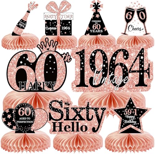 9Pcs 60th Birthday Decorations Honeycomb Centerpieces for Women, Rose Gold Pink Happy 60th Birthday Centerpieces Tables Toppers Party Decorations Supplies, Vintage 1964 Aged Birthday Table Sign Decor