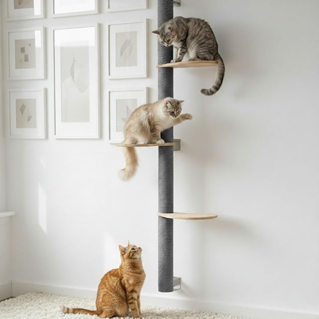 Foto 3 de 8 de eyepower 170 cm Rascador de Pared Luna con 3 Plataformas de Bambú - Árbol para Gatos con Estanteria
