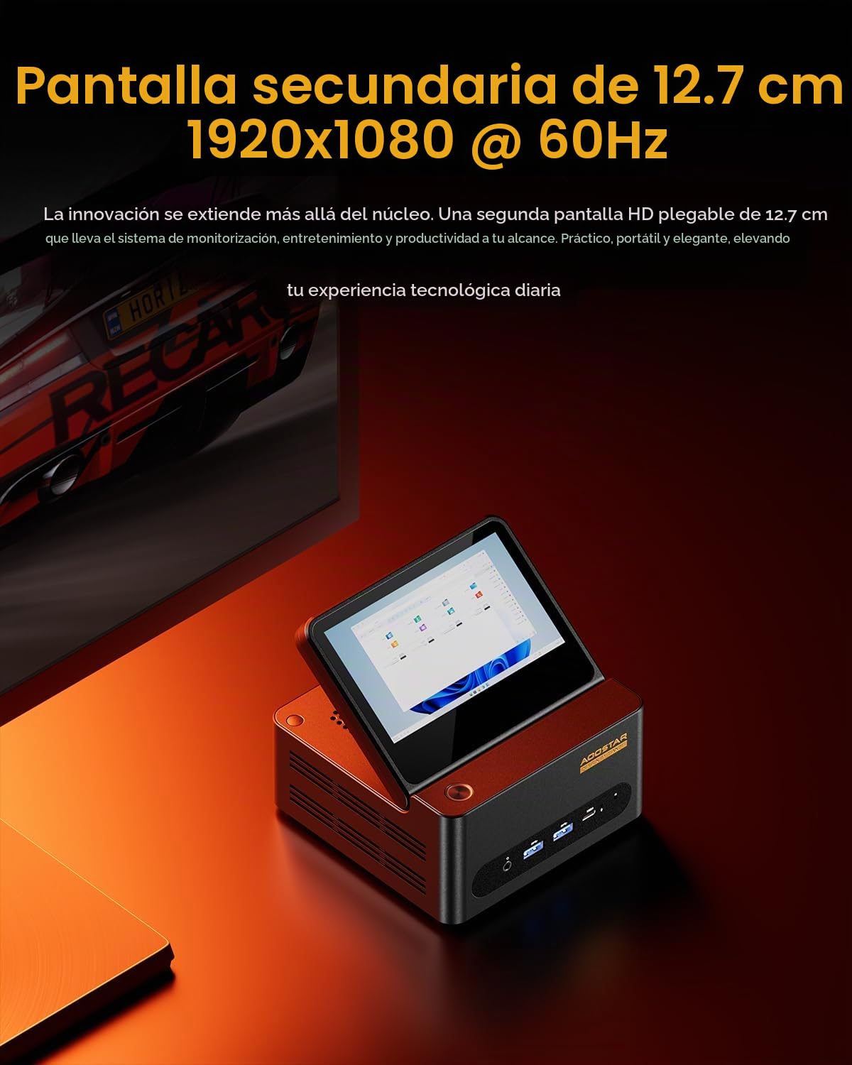 AOOSTAR G-Flip Mini PC Ryzen 7 H 255(hasta 4,9GHz), Mini Ordenador Barebone con Pantalla HD de 5" Sin RAM Sin M.2 SSD, Micro PC para Juegos OCuLink/4K HDMI/2xUSB4/2x2,5G LAN para Oficina, Hogar