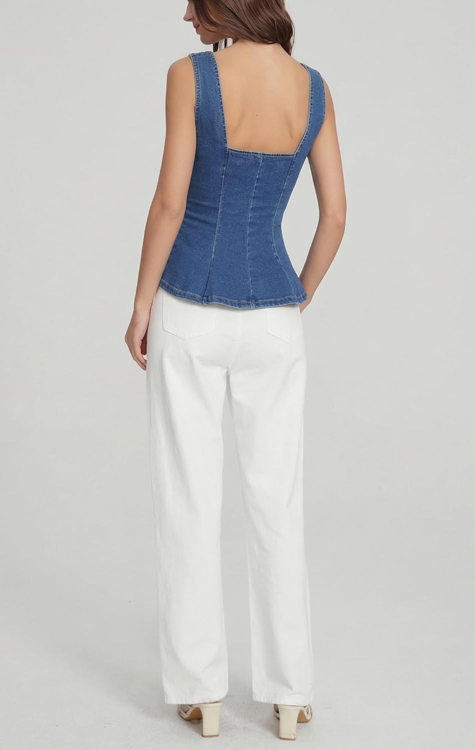 Ladyful Peplum Denim Vest Tops Women Jean Vest Flared Stretchy Square Neck Button Sleeveless Denim Tank Top Waistcoat