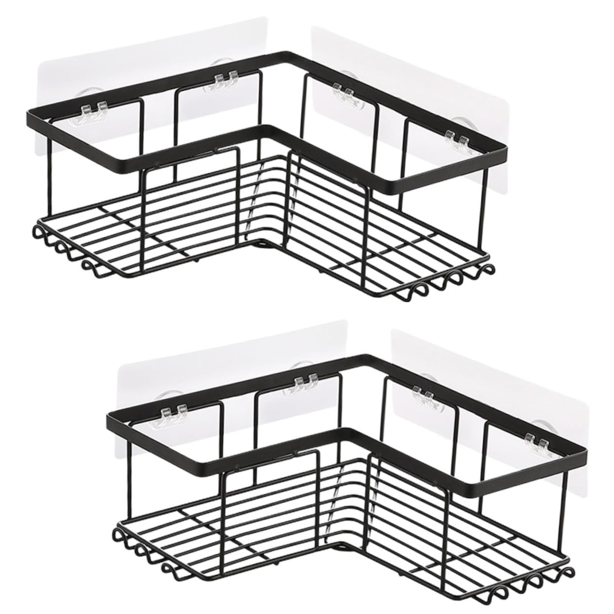 COOLHIYA 2pcs Black Adhesive Shower Organizer Corner Shelves Rustproof Carbon Steel Bathroom Storage Rack No Drilling Wall Mounted