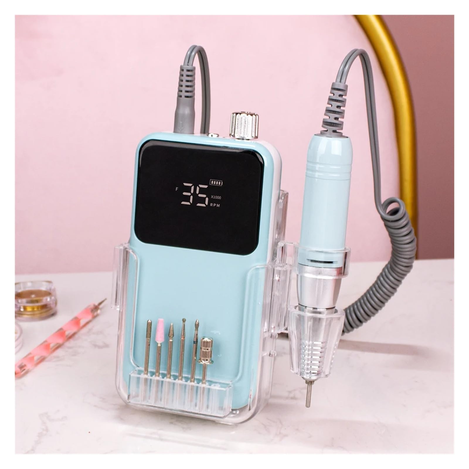 Wiertarka do paznokci, Przenośna bezprzewodowa elektryczna wiertarka do paznokci 35000 obr./min do manicure i pedicure. Wiertarko-wkrętarka akumulatorowa.