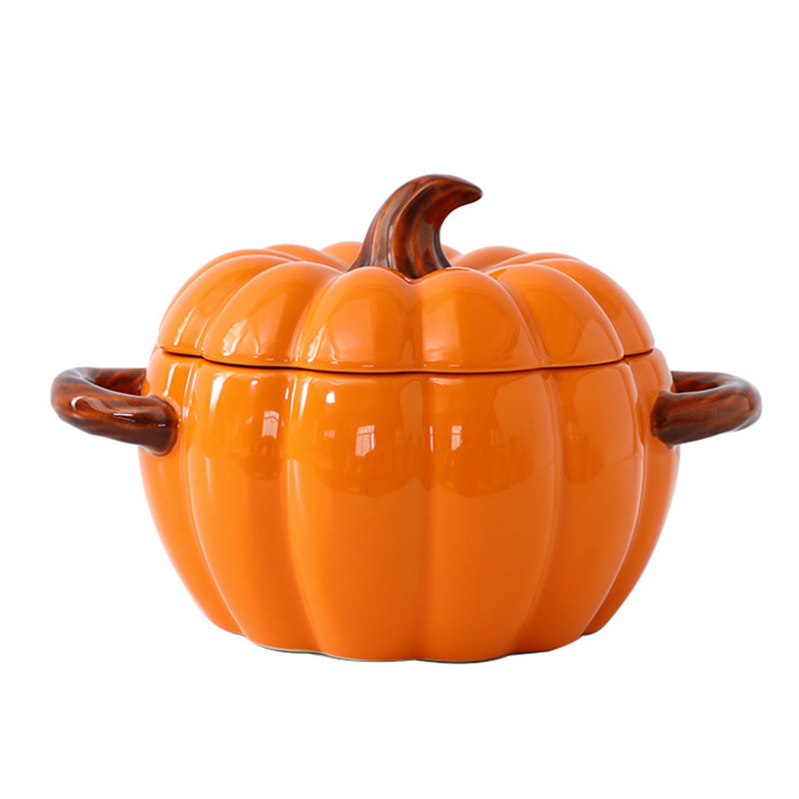 WREWING Dutch Oven Pot with Lid, 1.7 Quarts Cute Ceramic Pumpkin Bowl Mini Baking Dish, Dessert Saucepan with Double Handle, Covered Stockpot Pottery Casserole, Halloween Thanksgiving Decor (Orange)