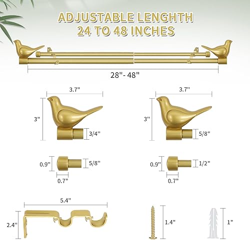 Miniatura 2 de MERIVILLE Barra de cortina de doble ventana de 34 pulgadas de diámetro, remates de pájaro (28-48 pulgadas, dorado)