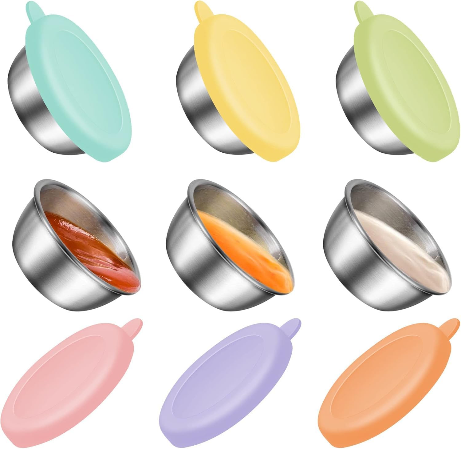 Leakproof Salad Dressing Containers To Go, 6-Pack Small Stainless Steel Condiment Cups with Colorful Silicone Lids, Reusable Dipping Sauce Containers for Kids Lunch, Bento Box, Travel, and Picnic