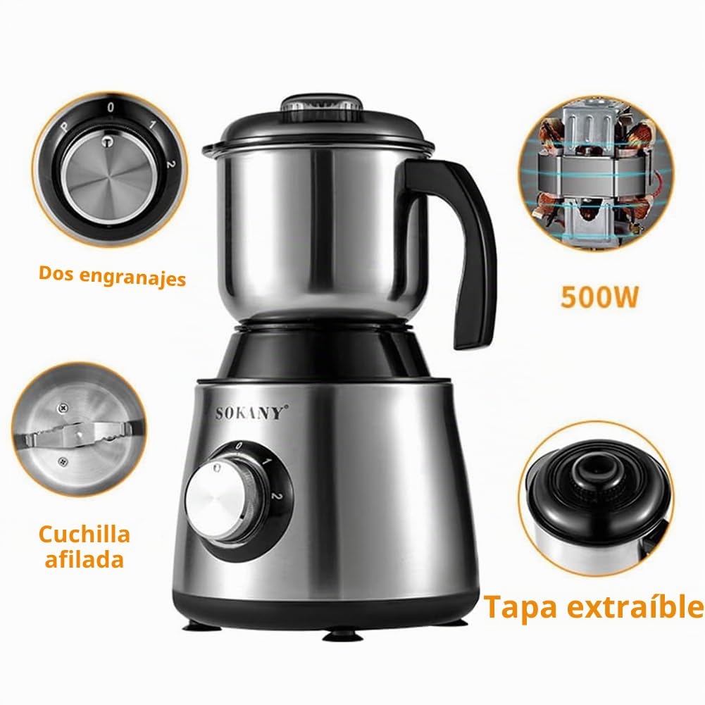 SOKANY 500W Molinillo de café eléctrico, Capacidad 300g, Molinillos de Especias, Acero Inoxidable, para Semillas Especias Frutos Secos Molinillo