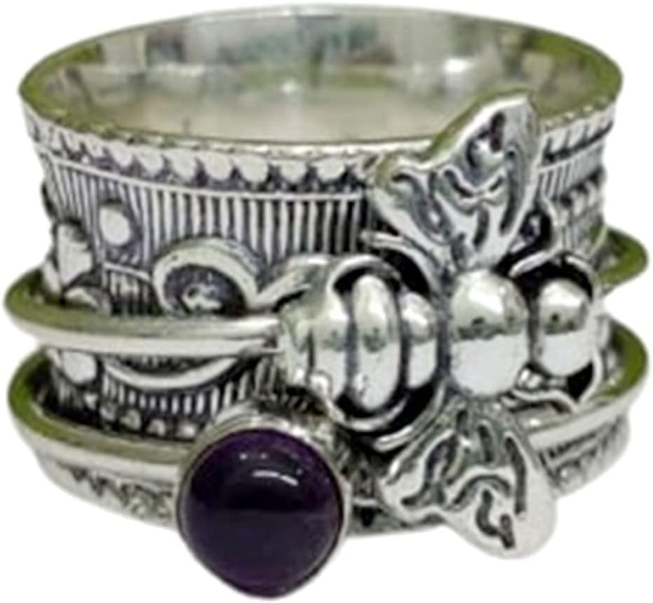 Honey Bee Spinner Band Ring for Women, Handmade 925 Sterling Silver Boho Gemstone Fidget Ring, Meditation Worry Spin Band, Beautiful Gift for Her