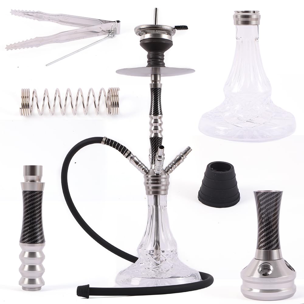 RMAN® Shisha Set Aluminium 66cm Wasserpfeife Komplett 4 Anschlüssen mit Premium Zubehör incl. 3 Shisha Schlauch, Tauchrohr, Kaminkopf, Diffusor, Bowl - Silber