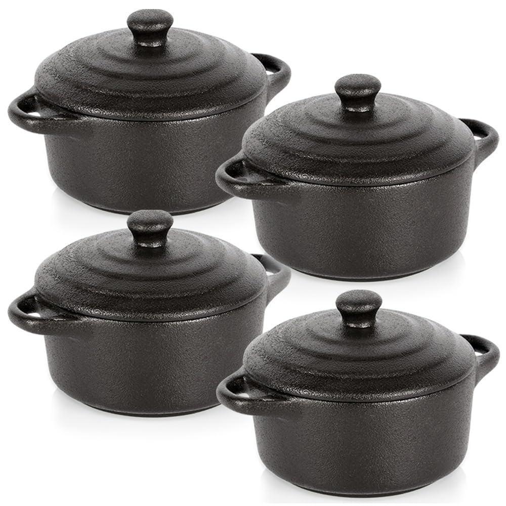 Porcelana Mini Cocottes z pokrywką czarna 300 ml, 4 sztuki