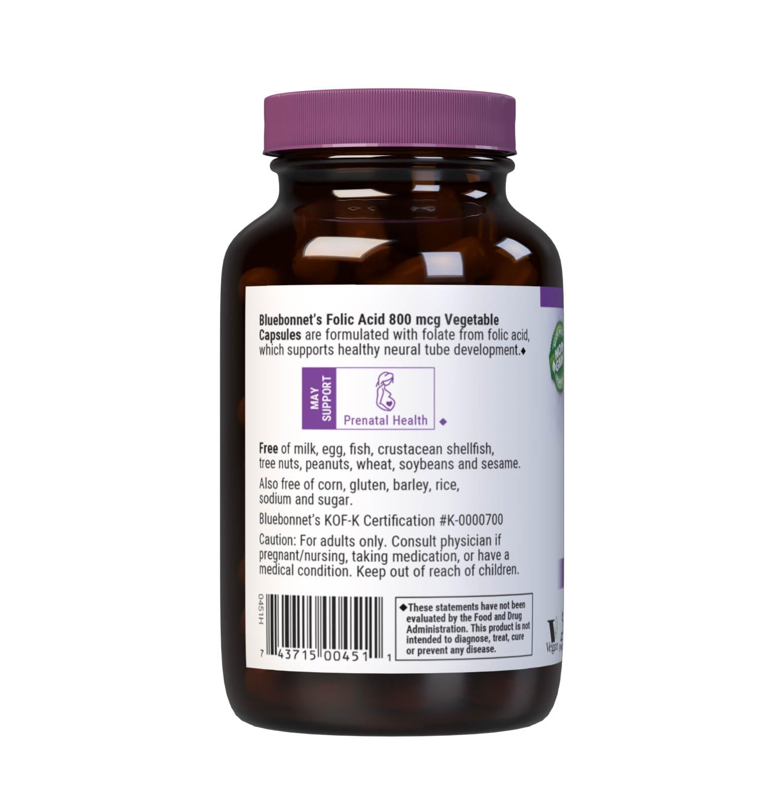 Bluebonnet Nutrition Folic Acid 800mcg, Healthy Neurological Development, Soy, Dairy & Gluten Free, Non-GMO, Kosher Certified, Vegan, Vegetable Capsules, 180 Count — Amazon image 3