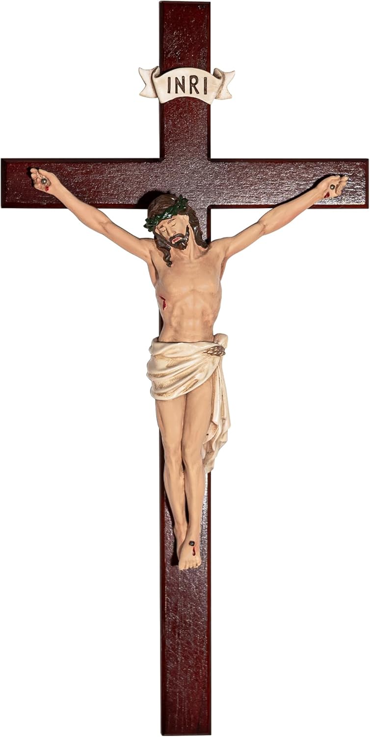 PLONKLY Crucifix Wall Cross - Hand Painted Jesus Wall Cross Catholic Home Decor, 14 Inches Wooden Catholic Crucifix for Wall Religious Wedding Gifts
