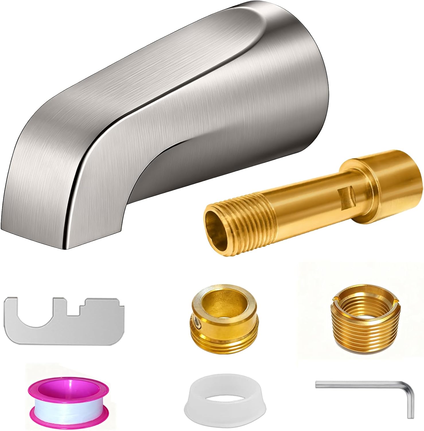 Brushed Nickel Bathtub Spout Without Diverter, All Metal,5.3 Inch Tub Spout, Fits 1/2" Copper Slip-On and 1/2" or 3/4" IPS Threaded Pipes, Leak-Free, Slip Fit Tub Spout Without Diverter