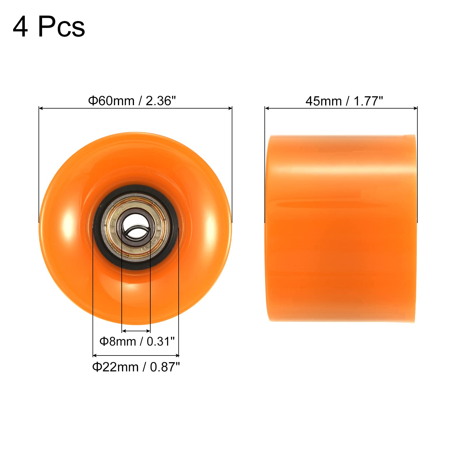 PATIKIL Lot de 4 roues de rechange pour longboard de 60 mm avec roulements ABEC-11, pour skateboards, cruiser, 80 A, orange et doré