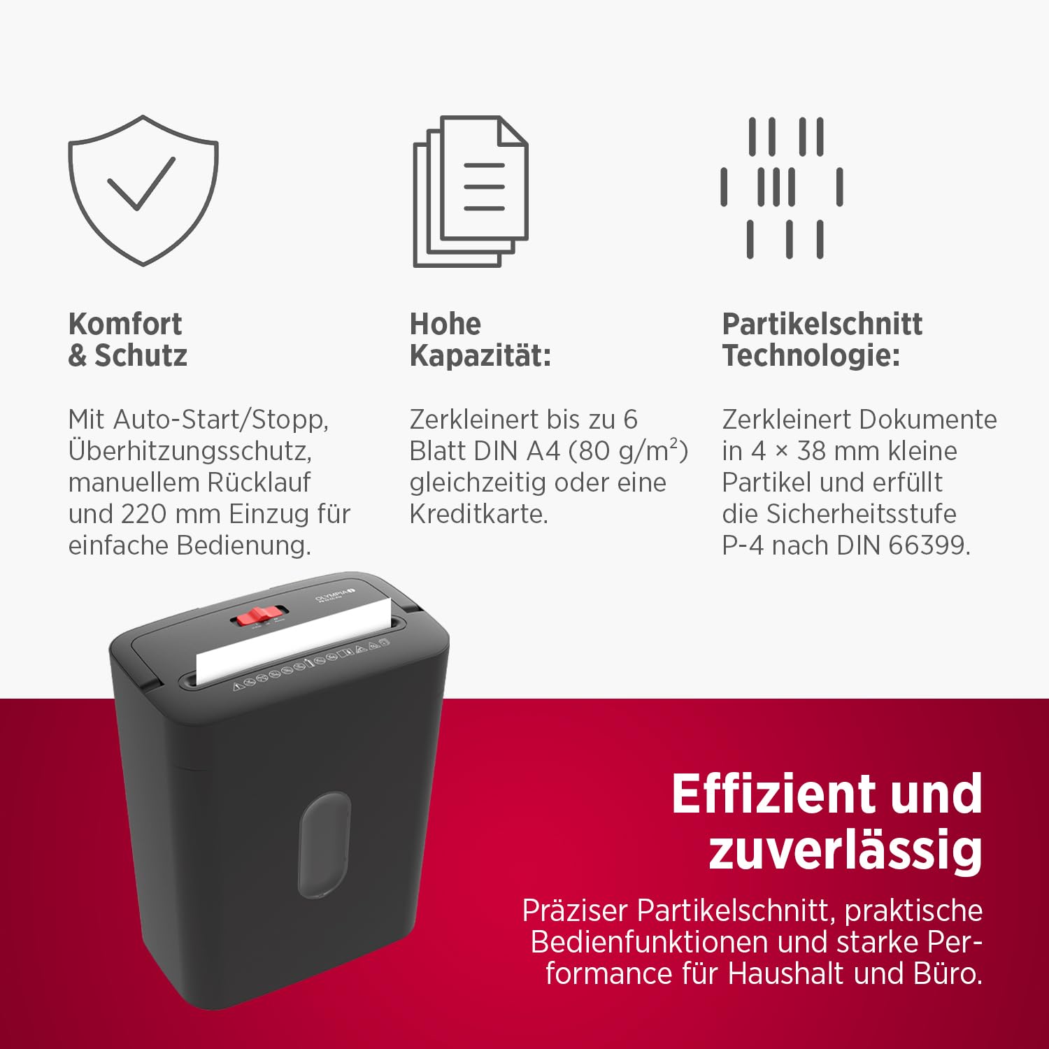 OLYMPIA PS 53 CC Pro Aktenvernichter schwarz | Papierschredder für Home Office & Büro | Schredder Aktenvernichter P-4 | Partikelschnitt 4×38 mm | 6-Blatt Shredder Papier | 15 L Papier Schredder Gerät